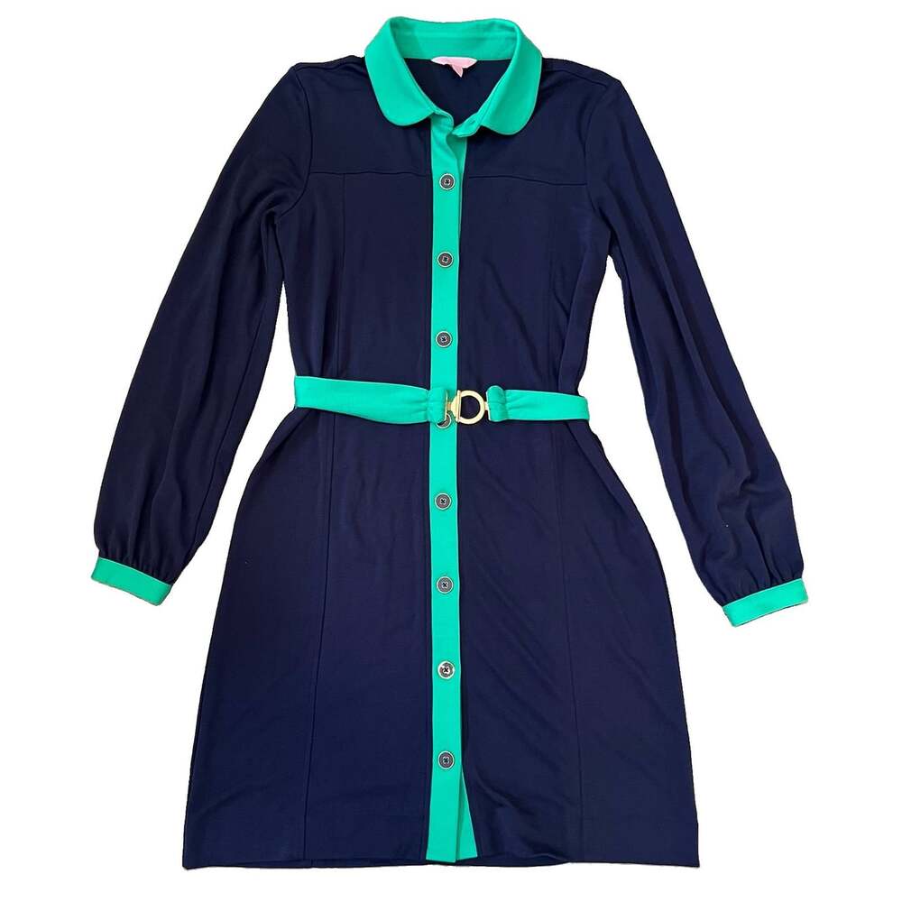 Lilly Pulitzer Knit Long Sleeve Dress Size Medium Belt Blue Green Gold Career - Picture 1 of 9